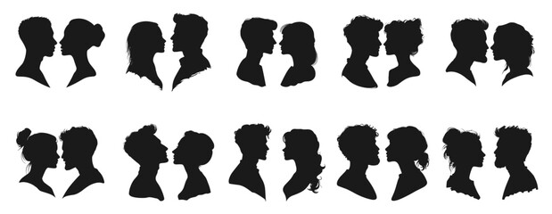 Wall Mural - Man and woman head facing each other profile portrait black silhouettes set. Love valentine cards wedding invitation design decorative element. Black and white simple flat style. Isolated vector on