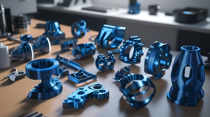3D printed futuristic mechanical parts in a metallic blue design on a workbench