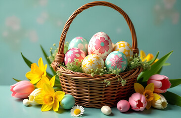 Wall Mural - Basket full of beautiful Easter eggs on the blue background and some flowers around like tulips, daffodils and daisies.