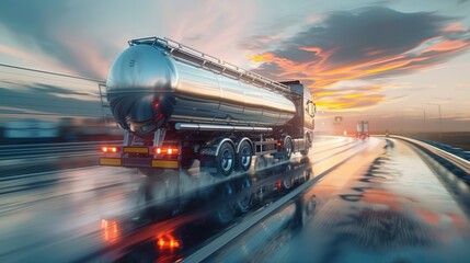 Close-up photo of an industrial tanker truck driving down the highway. A freight transport and global logistics concept