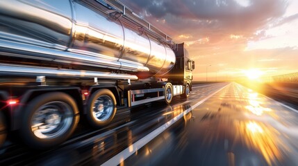 Close-up photo of an industrial tanker truck driving down the highway. A freight transport and global logistics concept