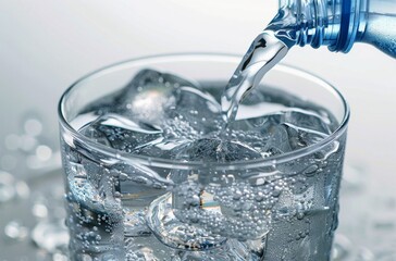 Poster - Pouring Sparkling Water Into Glass With Ice Cubes