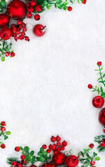 Wall Mural - christmas decoration. branches christmas tree, red ball, red berries on snow with space for text. to