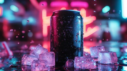 Leinwandbilder - A can of soda is sitting on a table with ice cubes scattered around it. The can is wet, with condensation dripping down the sides.
