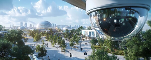 advanced ai-powered surveillance cameras overlooking a futuristic tech park