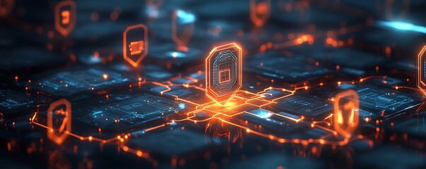 An advanced cybersecurity system visualized as a glowing web of digital shields and firewalls