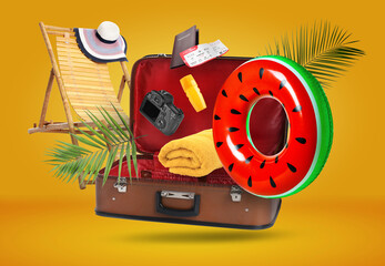 Sticker - Suitcase and beach items in air on orange background. Ready to travel