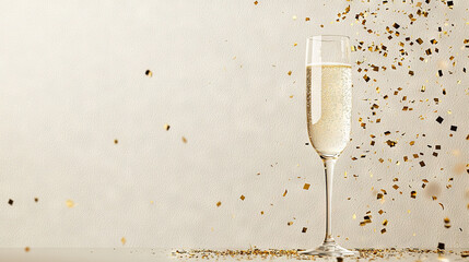   A glass of champagne and gold confetti on a white surface with a sprinkle of confetti