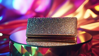 A glittering evening clutch sitting atop a mirrored platform surrounded by soft colorful lighting