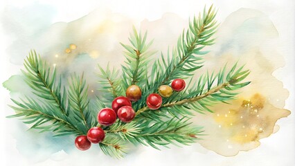 Watercolor christmas decoration with red berries and pine branches