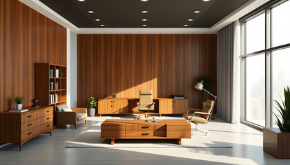 Wall Mural - Modern executive office with wooden furniture and large window. 3D Rendering isolated with white highlights, png