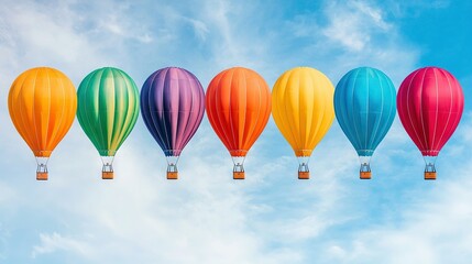   A vibrant cluster of hot air balloons soaring against a cerulean sky and fluffy cloud backdrop