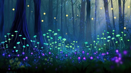 Wall Mural -   A luminous forest painting featuring clusters of radiant mushrooms amidst towering trees