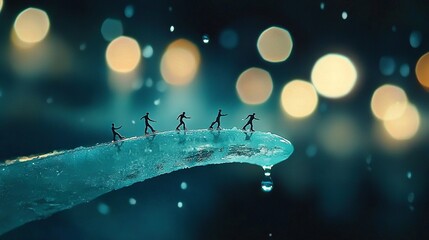 Wall Mural -   A crowd of tiny figures stroll on an ice block during night