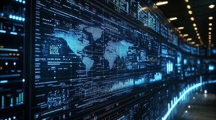 Leinwandbilder - Digital world map displayed on a screen, representing global connectivity, technology, and the visualization of data networks in a modern world, Generaitve AI