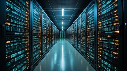 Poster - Long hallway in a data center with illuminated servers, representing data storage, cybersecurity, and the backbone of modern digital infrastructure, Generaitve AI