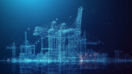 Fototapete - Virtual wireframe model of a port, showcasing futuristic technology, digital infrastructure, and the modern world of maritime logistics, Generaitve AI