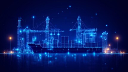 Fototapete - Virtual wireframe model of a port, showcasing futuristic technology, digital infrastructure, and the modern world of maritime logistics, Generaitve AI