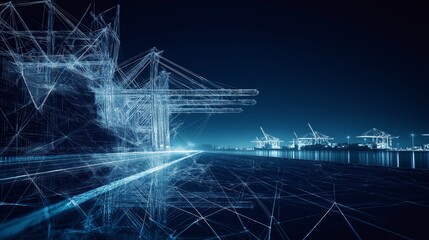 Fototapete - Virtual wireframe model of a port, showcasing futuristic technology, digital infrastructure, and the modern world of maritime logistics, Generaitve AI