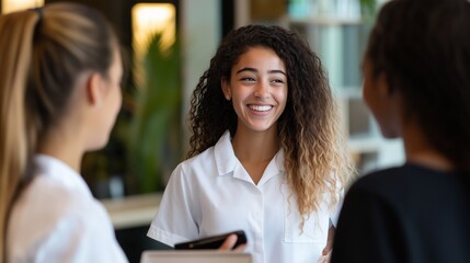 A cheerful young woman engages in conversation with colleagues during a team meeting at a cozy cafe in the afternoon