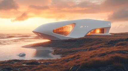 Futuristic white building on a rocky shore at sunset.