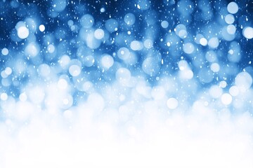 Wall Mural - Bokeh white lights and snowfall winter scene with deep blue background.