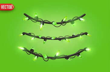 Wall Mural - festive christmas blue string lights brightly glowing. realistic 3d new year decorations garland iso