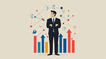 abstract business man stands on the peak of success amid tall, innovative Arrows point the way to success. and graphs with statistics to analyze business potential and predict future developments in