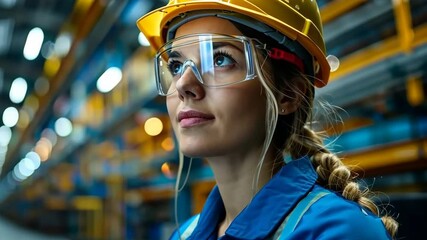 Wall Mural - Portrait of a young woman wearing a hard hat, standing confidently in an industrial plant and supervising operations, focusing on safety and efficiency.