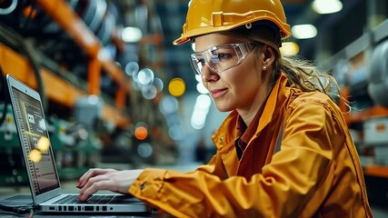 Wall Mural - A professional female engineer in a hard hat operates computerized equipment in an industrial plant, ensuring production safety and efficiency.