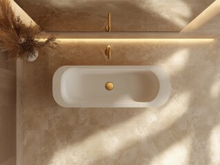 Wall Mural - A white sink with a gold faucet. The sink is in a bathroom. There is a vase with flowers on the counter