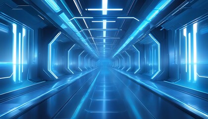 Futuristic corridor design with blue metal lines and shining lights