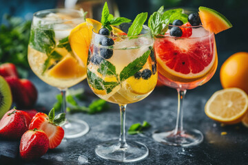 Two glasses of fruit and lemon cocktail with fresh mint leaves on a rustic wooden table.