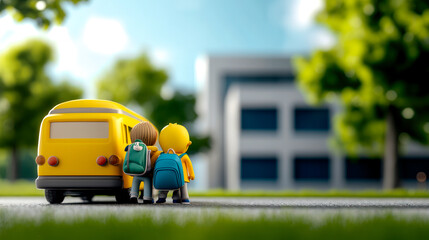 Two children with backpacks approaching a yellow school bus in front of a school building, surrounded by greenery, conveying a sense of childhood adventure and education.