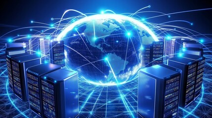 Aufkleber - Digital concept of Earth connected with servers, symbolizing global data networks, technology, and the power of connectivity in the modern world, Generaitve AI