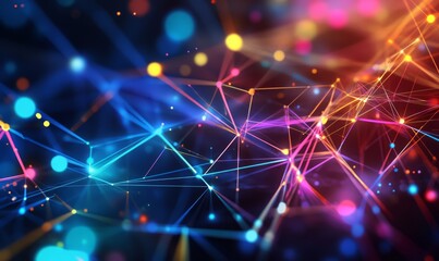 Generative AI abstract illustration of geometric shapes and structures in colorful neon colors and lights in cyberspace against dark background