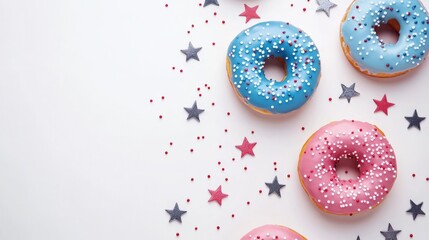 Colorful Donuts with Sprinkles and Stars on White Background