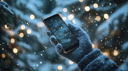 Leinwandbilder - A person's hand is wearing blue gloves and holding a smartphone in front of a background of snow falling and blurry lights.