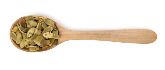 Poster - Peeled pumpkin seeds in wooden spoon isolated on white, top view