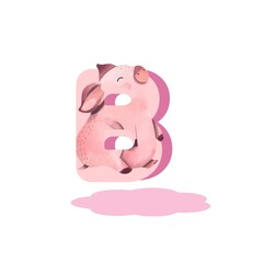  Illustration,  letter B in pink. letter B animal pink, Alphabet  B cartoon pig. Animal alphabet.