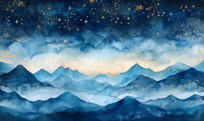 Magical and strange wide illustration night sky with dark blue clouds mountains and white gold stars painting the soft watercolor