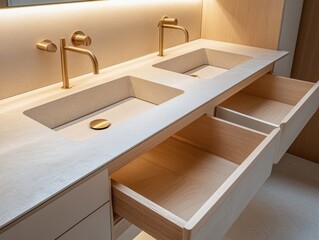 A bathroom sink with two sinks and a wooden drawer. The drawer is open and the sink is white