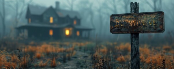 A weathered, rusty sign stands before an abandoned cabin in a misty forest. Free copy space for text.