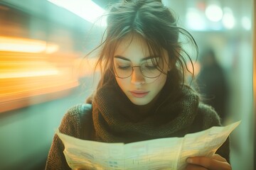 Young woman explores public transit while reading a map during a bustling moment in the city