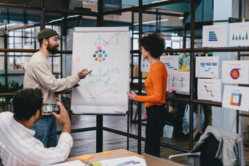 Wall Mural - Diverse colleagues working on project with diagrams on paperboard in office