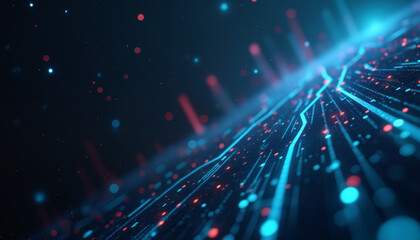 Wall Mural - a blue and red light trail, illuminated by scattered dots and lights, cuts through a dark gradient b