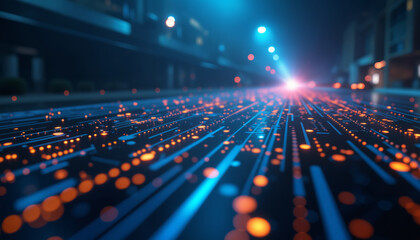Wall Mural - a circuit board featuring intricate blue lines with red glowing dots scattered across, symbolizing a