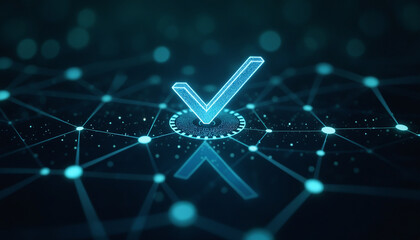 Wall Mural - checkmark icon with network verification: a checkmark icon integrated within a network, representing