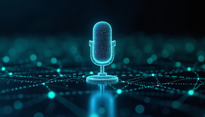 Wall Mural - microphone icon with network connectivity: a microphone icon connected within a digital network, sym