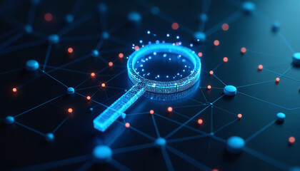 Wall Mural - magnifying glass icon with network analysis: a magnifying glass icon integrated within a digital net